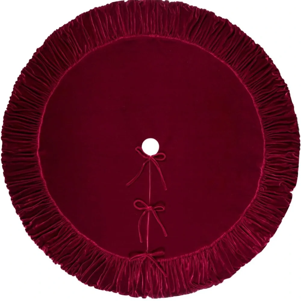 60-Inch Ruffled Velvet Christmas Tree Skirt Foam Padding Tie Closure Burgundy - Picture 3 of 9